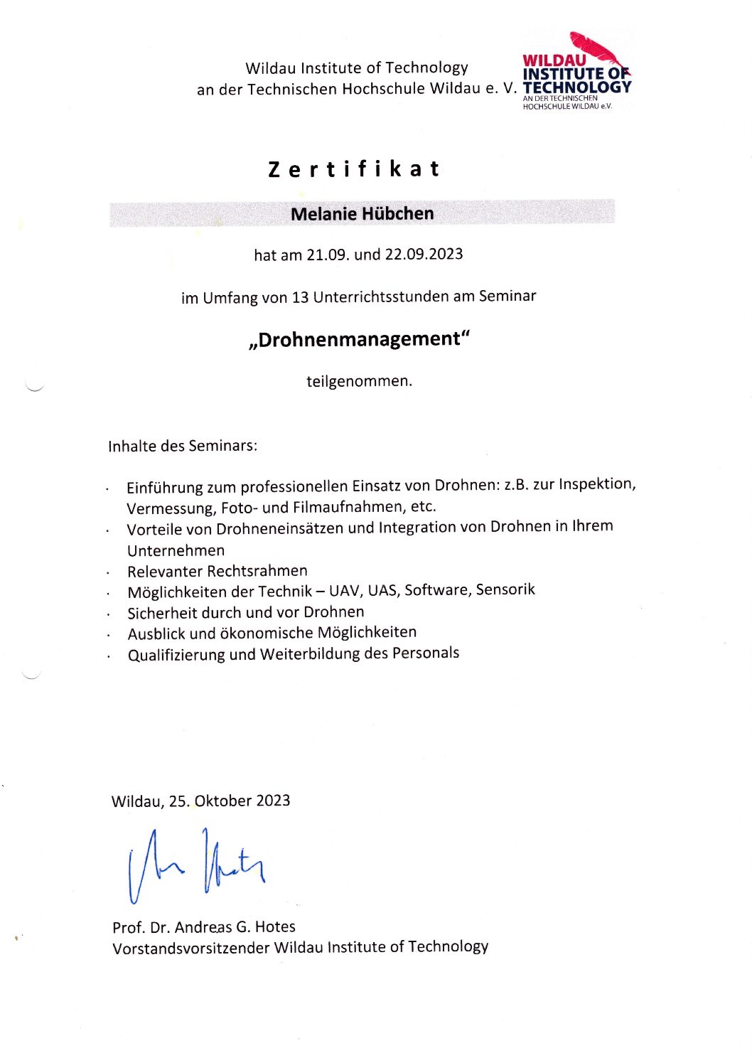 Zertifikat Drohnenmanagement Melanie Hübchen Zertifikat Drohnenmanagement Melanie Hübchen