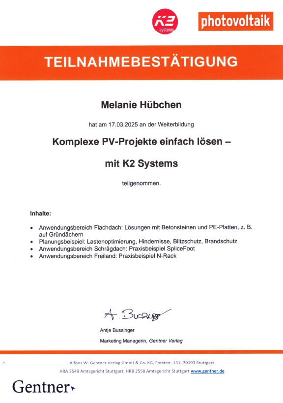 Zertifikat K2 Systems Melanie Hübchen Zertifikat K2 Systems Melanie Hübchen